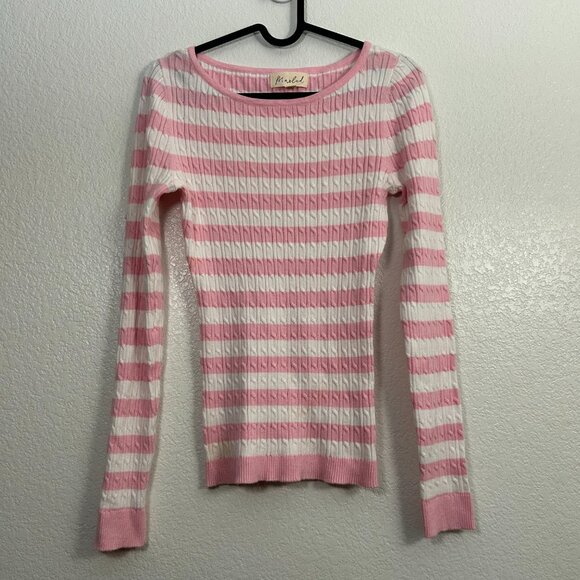 Marled Sweaters - Marled Striped Cable Knit Fitted Sweater Preppy Tennis Academia
